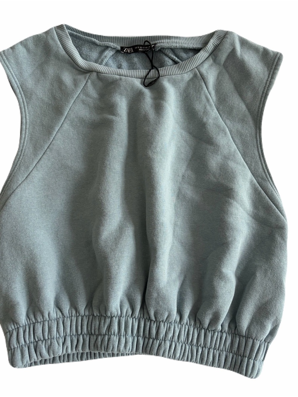 Zara Sleeveless Gathered Hem Crop Top in Light Blue